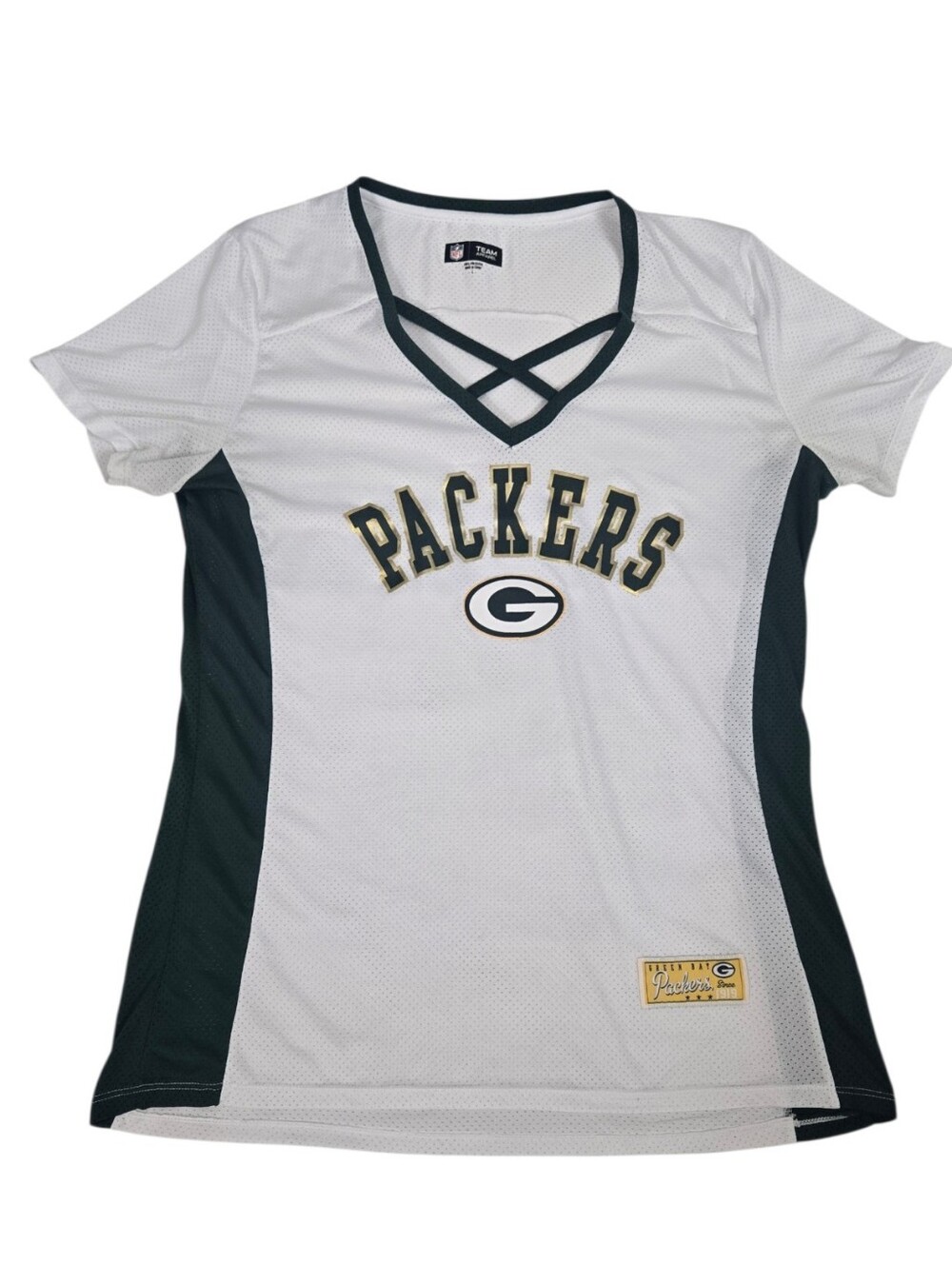 Packers Women's White and Dark Green V-Neck Jersey Top